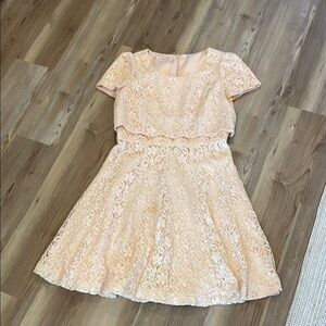 Peach A-line Mini lace Dress with round  Neck for Wedding Guest XS